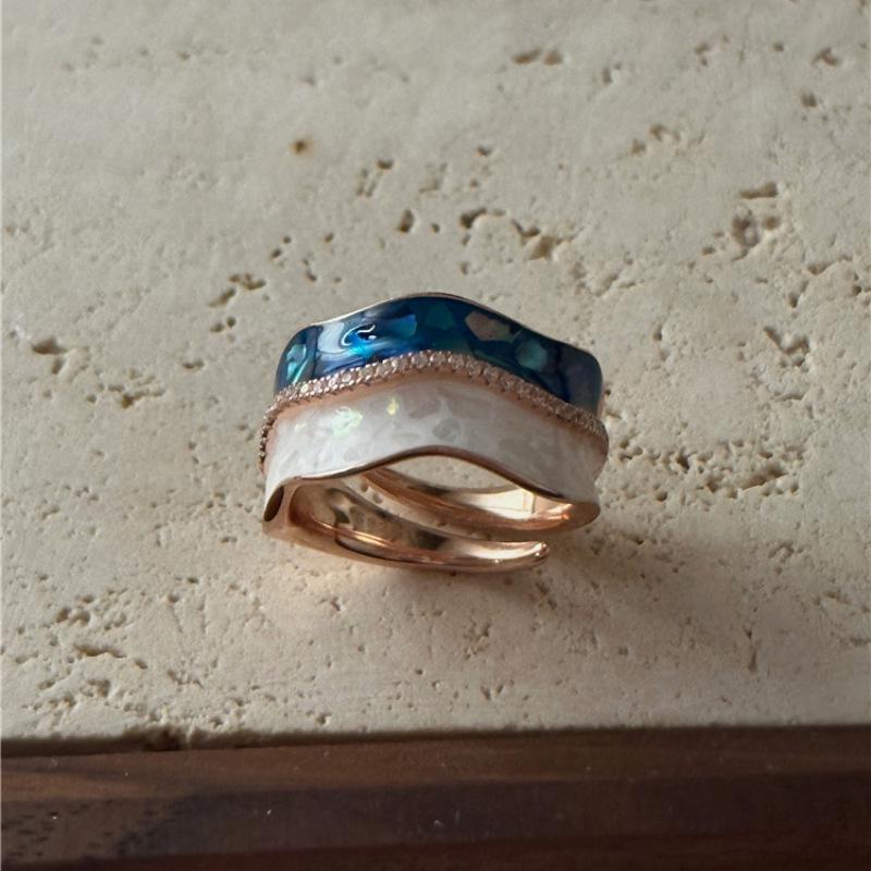 Women s Blue Enamel Adjustable Open Ring - Trendy French Style Open Adjustable