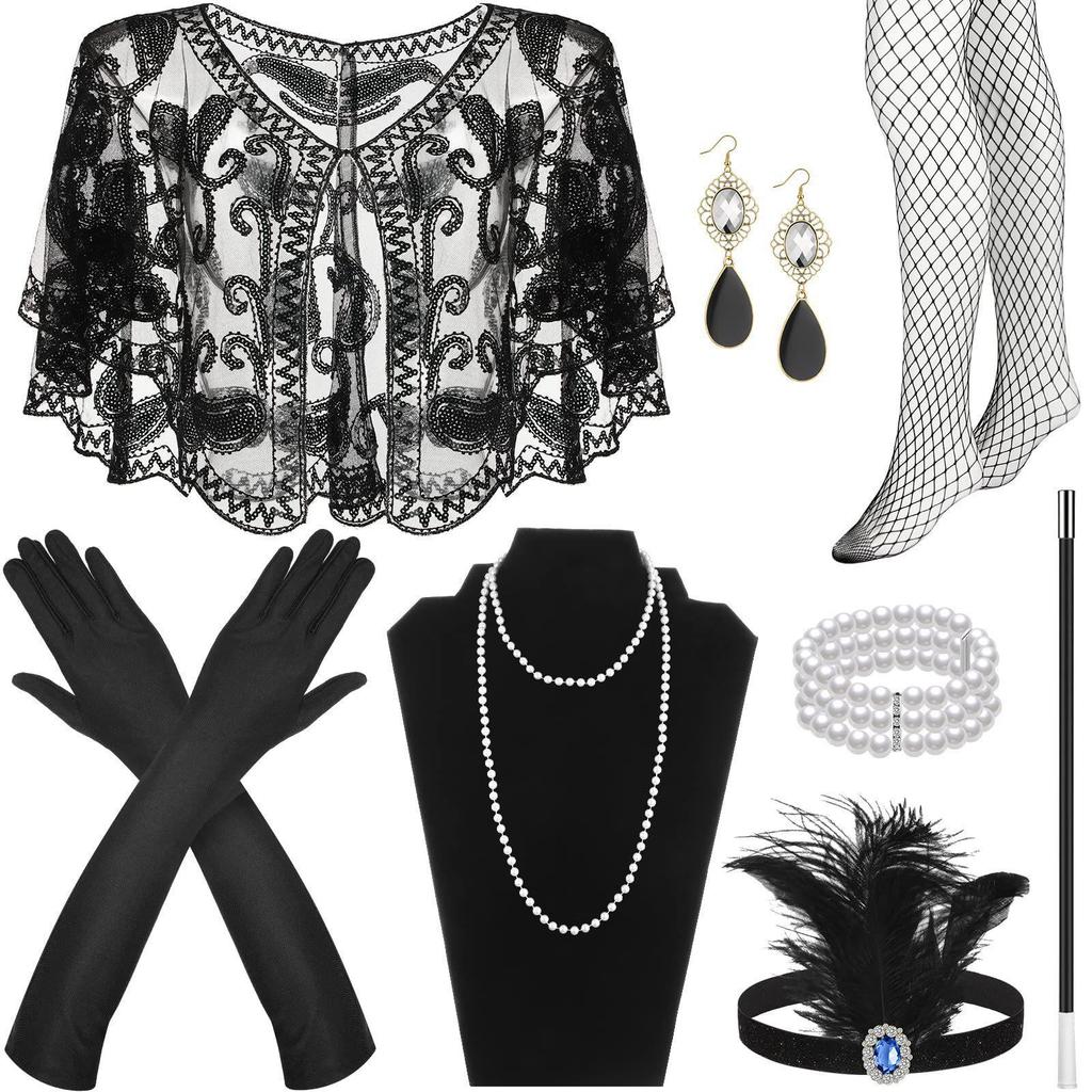 Gatsby Party Zubehör Set: Feder Stirnband, Perlenkette, Zigarettenhalter, Handschuhe, Schal - Retro Hepburn Kostüm Essentials.