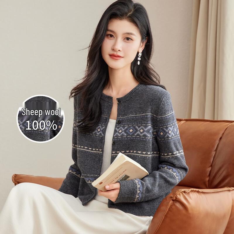 Jinjv Women s 100% Lambswool Retro Striped Jacquard Cardigan M