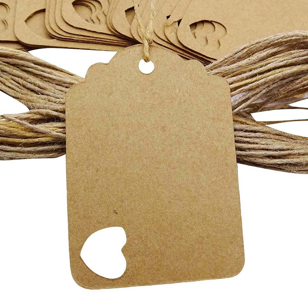 100 Pcs Wedding Favor Hang Tag Rectangular Shape Heart Punched Gift Tags with Free Natural Jute Twine