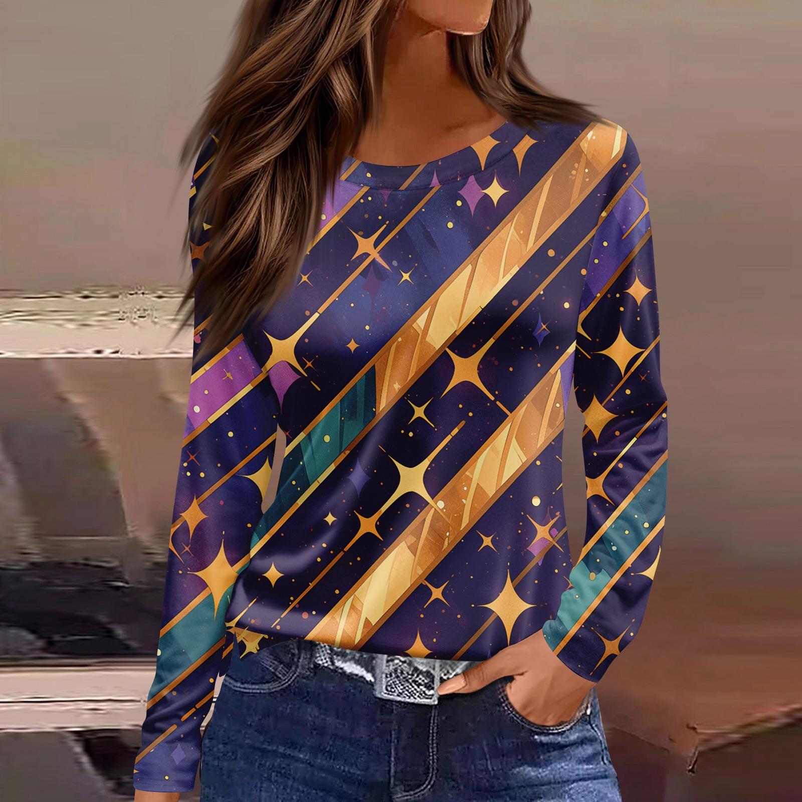 

Women s Fashion Casual Slit Hem Round Neck Long Sleeve Loose Printed T-Shirt Top M фіолетовий