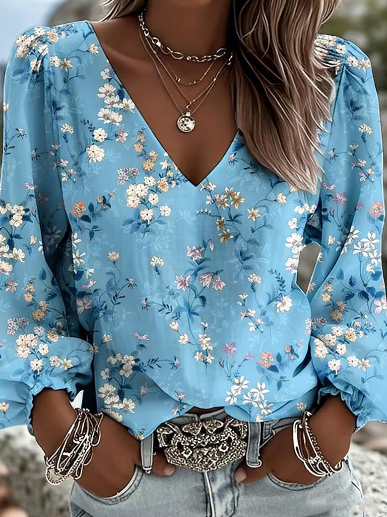 Koszula w stylu retro western z nadrukiem | Damska bluzka z długim rękawem i dekoltem w serek, z kolorowymi drobnymi nadrukami kwiatowymi i designerskimi rękawami typu latarnia w stylu bohema