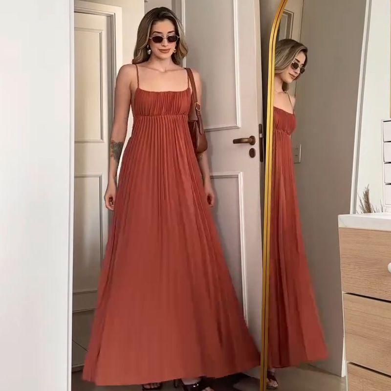 In Stock 2025 Summer New Arrival Europe and America Cross Border Suspender Skirt Women's Clothing Sexy Silm Elegant Pleated Dress Women's