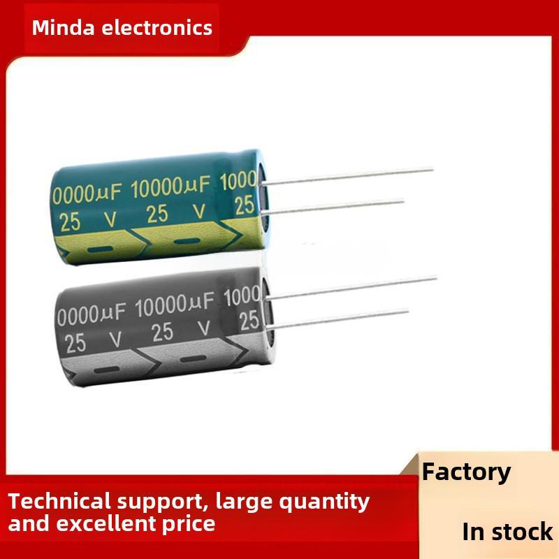 25V 10000µF Aluminum Electrolytic Capacitor, 18x35mm, High-Frequency, Low-Resistance, Green/Gold, Plug-In, Black, Bulk Quantity Availability.