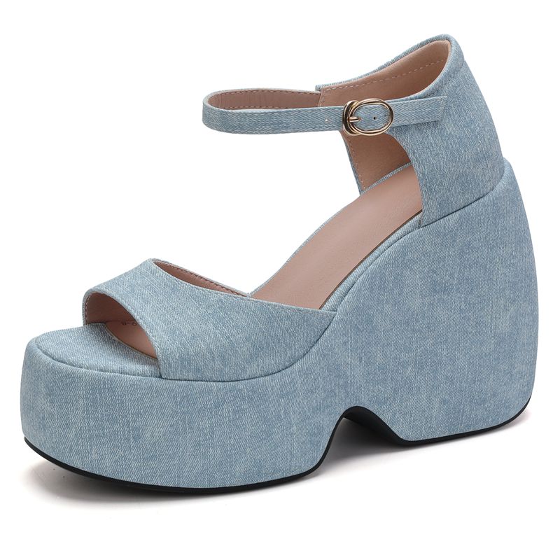 

2025 Повседневные женские сандалии с круглым носком, на танкетке 12 см, на платформе, с ремешком на пряжке, больших размеров 41 42 43, модные повседневные мягкие туфли 39 светло-синий