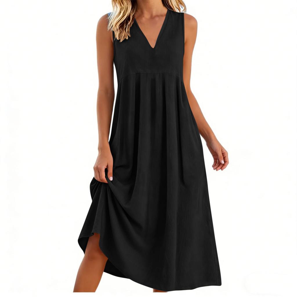 Ladies' Casual Pullover V-neck Sleeveless Cotton And Linen Loose Dress