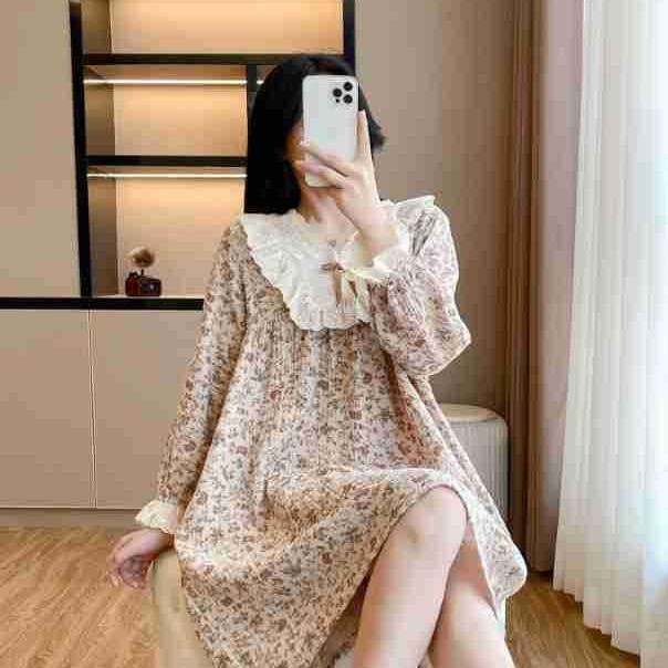 nightdress pure cotton double-layer crepe women's long-sleeved skirt spring and autumn thin cotton summer cute Korean version lace home skirt