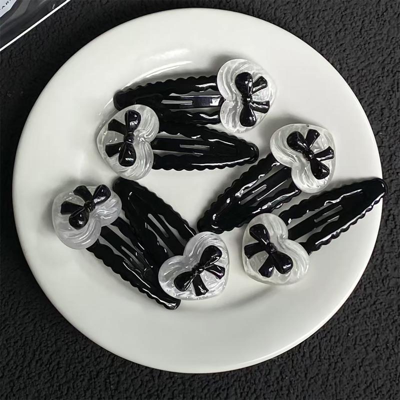 2/6Pcs Fashionable Heart Black Bowknot Wavy Bb Clip Energetic Girl'S Sweet And Cool Versatile Side Clip New Style Hairpin