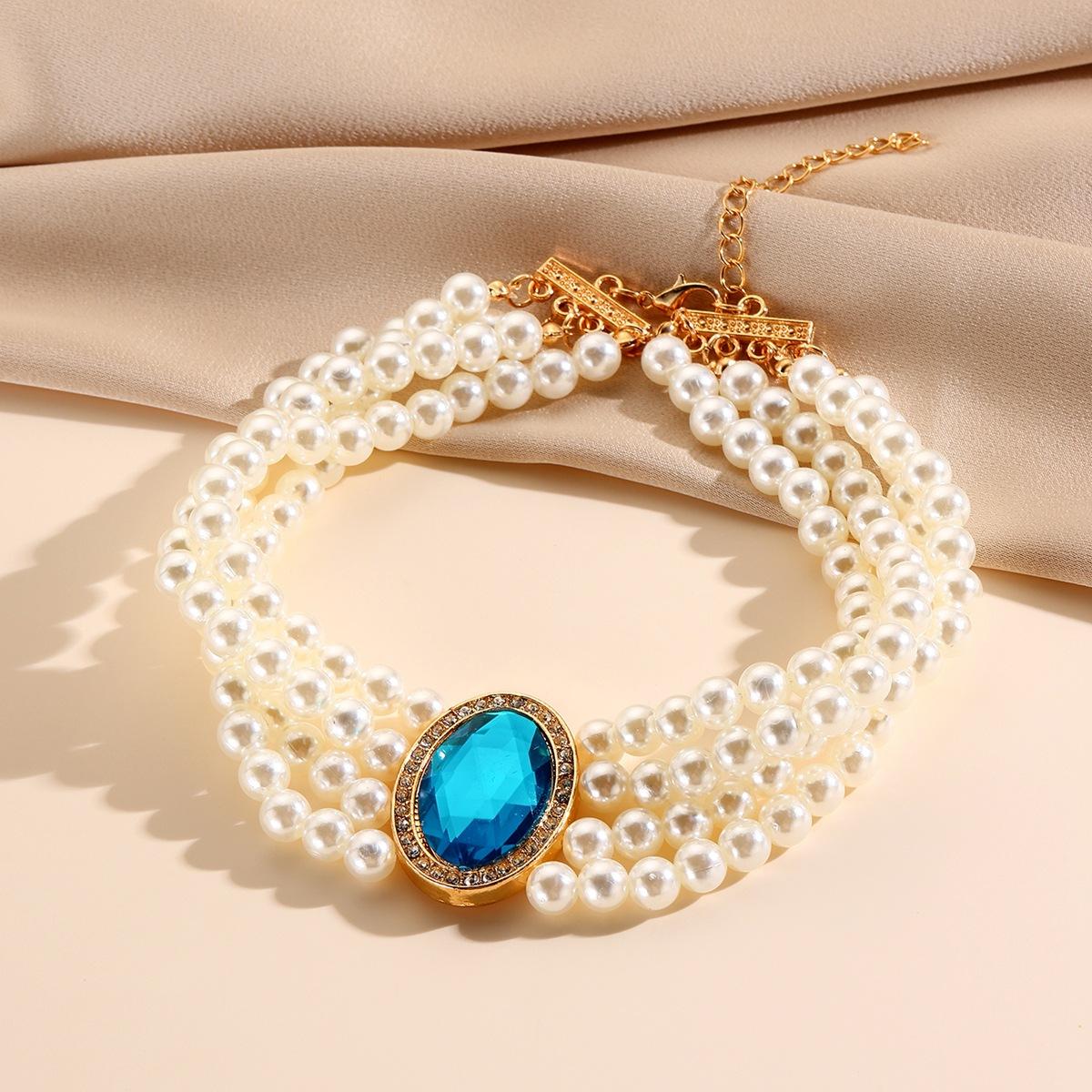 

Французское элегантное ретро многослойное искусственное жемчужное ожерелье в стиле суда свадебное акриловое легкое роскошное женское ожерелье на ключицу павлин голубой