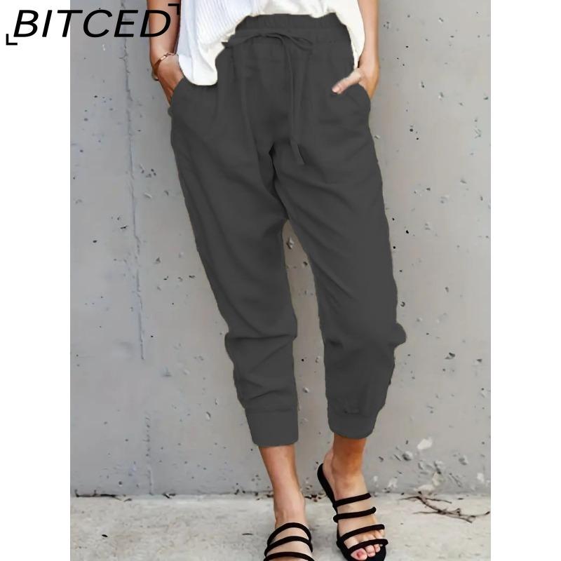 BITCED Summer Women Loose Plus Size Solid Color Simple Lace Up Slim Casual Nine Point Slimming Trousers