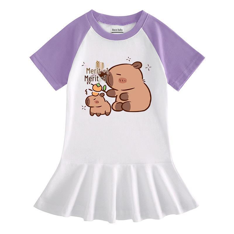 Summer Cartoon Raglan Color-Block Short Sleeve Pleated Dress for Girls