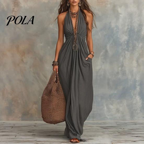 Rochie casual tip halteră plisată pentru femei, rochie maxi cu gât, decolteu adânc V, fără mâneci, fluidă, rochie de soare pentru vacanță la plajă, de vară, fluidă, cu buzunare, fustă lungă care subțiază