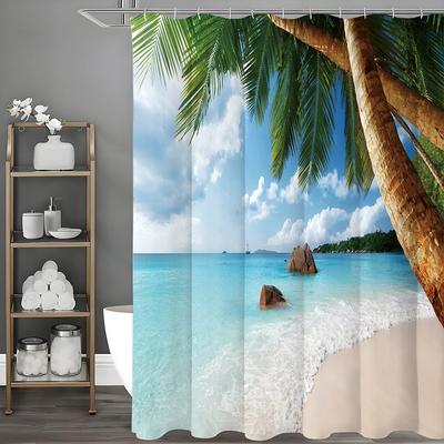 Ocean Beach Coconut Tree Shower Curtain, Bathroom Decorative Shower Curtain, Waterproof Shower Curtain with Hooks