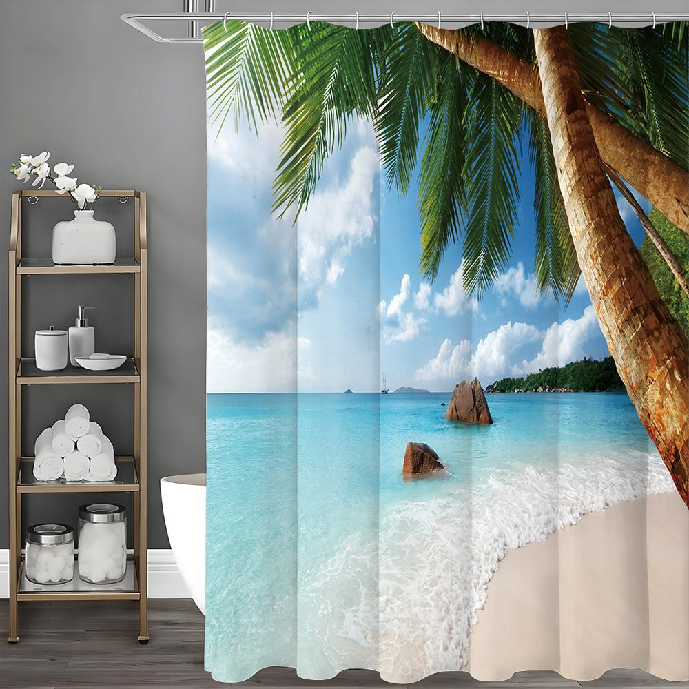 Ocean Beach Coconut Tree Shower Curtain, Bathroom Decorative Shower Curtain, Waterproof Shower Curtain with Hooks