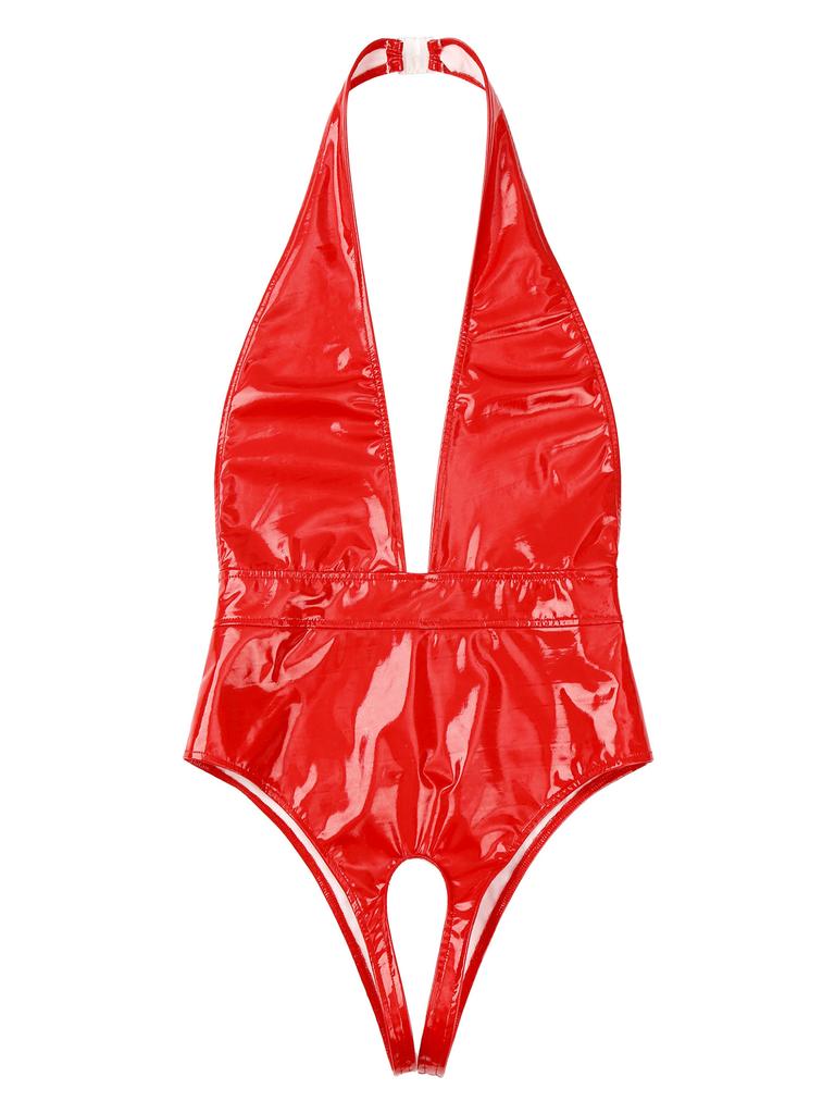 Sleeveless Latex Bodysuit Women Deep V-neck Teddies Bodysuits Crotchless Leotard One-piece Party Playsuit Rave Night Clubwear
