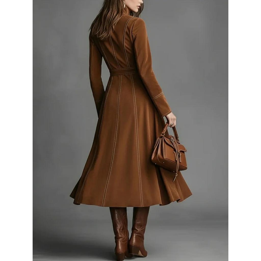 Autumn Elegant Vintage Suede Zipper Waist Cinched Tie A-line Long Skirt