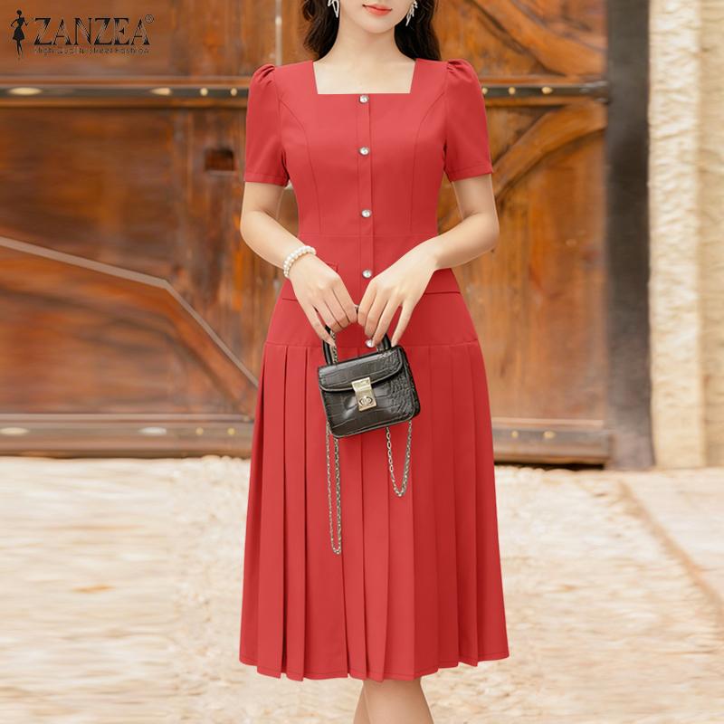 ZANZEA Women Square Collar Summer Casual Short Sleeve Dress