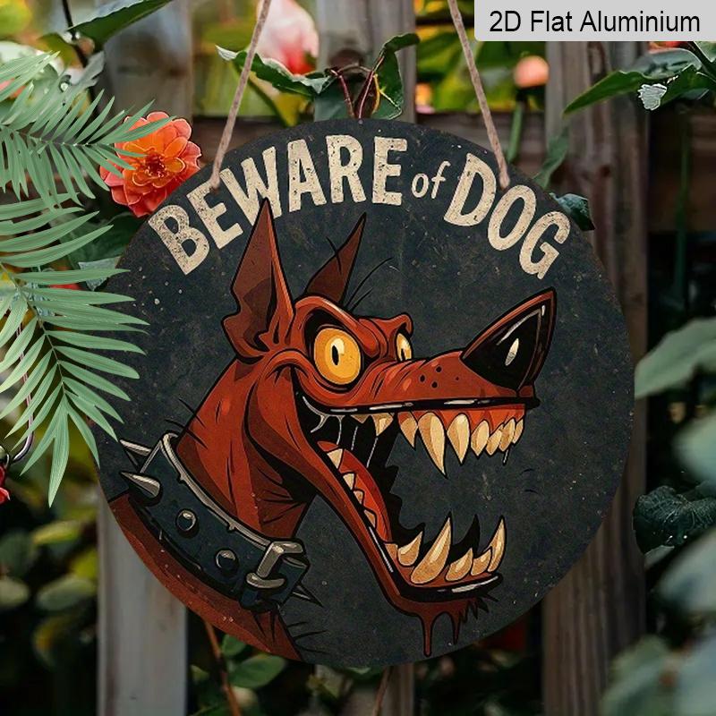 2D Flat Retro Dangerous Dog Warning Sign-durable Metal Warning Board, Decorated with Fierce Red Dog and Iron Chain Pattern-20x20 Cm/7.8 Inches