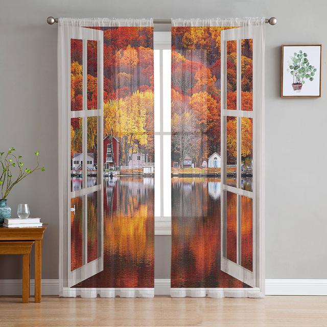 Window Views Cherry Blossoms River Sheer Curtains For Living Room Bedroom Kitchen Chiffon Tulle Curtains Home Hotel Coffee Decor