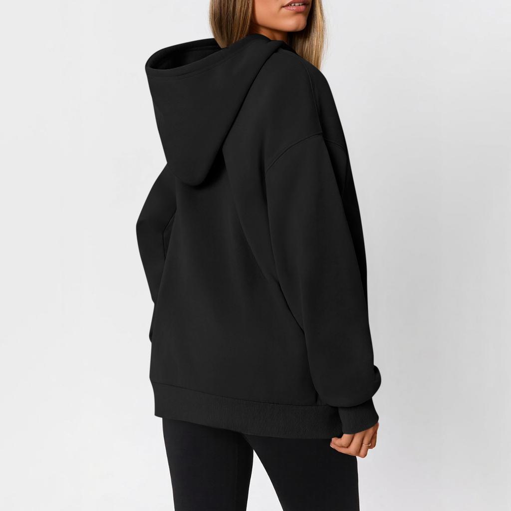 Women's  Fashion Zipper Hoodie Long Sleeve Hooded Pullover Sweatshirt Casual Solid Color Tops With Pockets