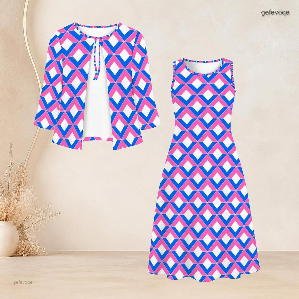 Women Plus Size Abstract Printed Two Piece Dress Set Three Quarter Sleeve Cardigan Sleeveless Long Dress