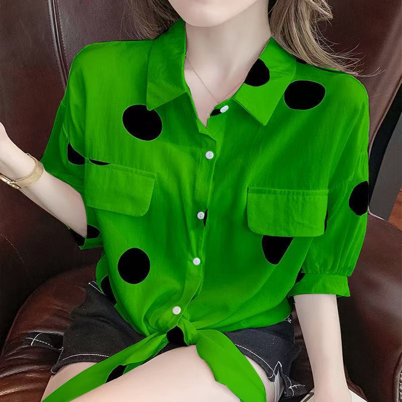 Small Fresh Polka Dot Shirt for Women Summer Korean Version Loose Short Sleeved Top with Lace Up Chiffon Shirt for Women