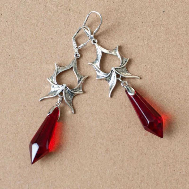 Silver Gothic Dragon Wing Crystal Pendant Earrings