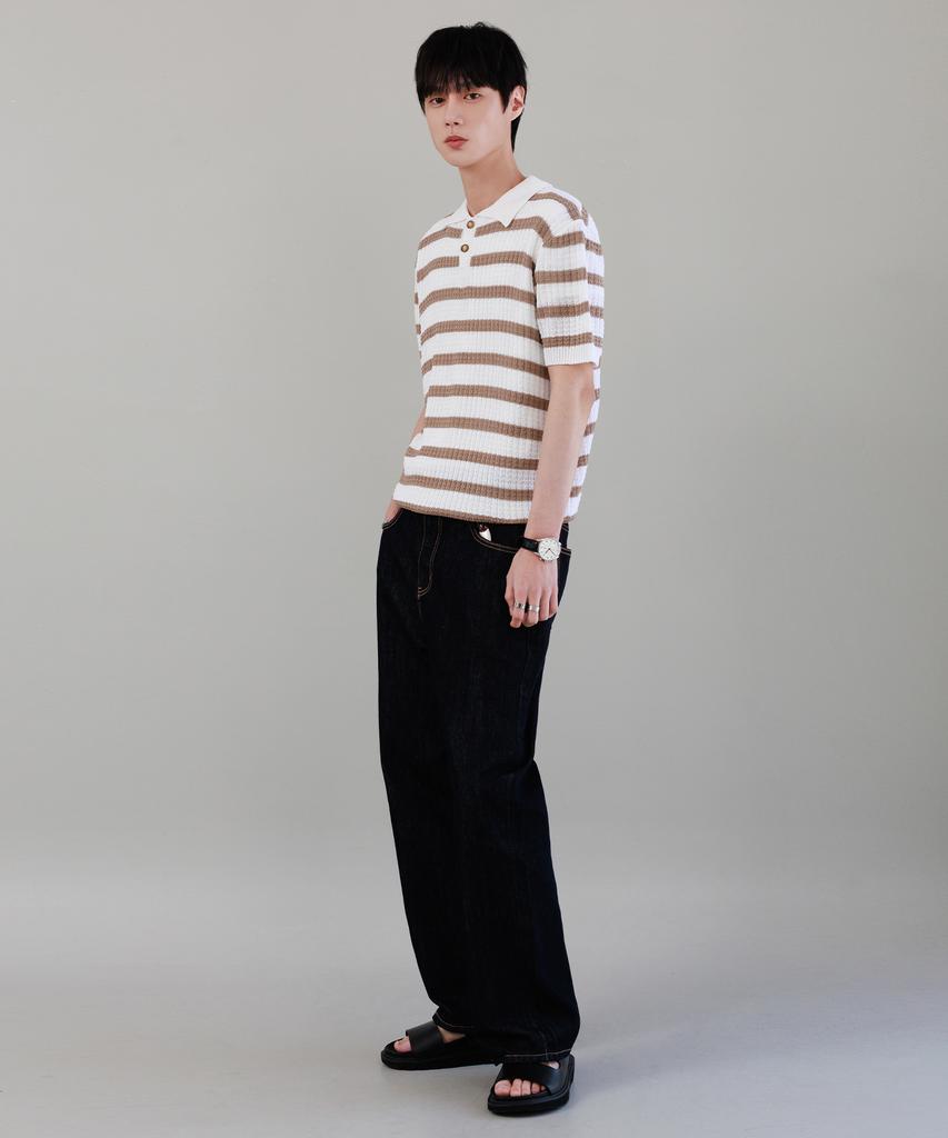 NODU Waffle Stripe Collar Crop Half Knit [Ivory]