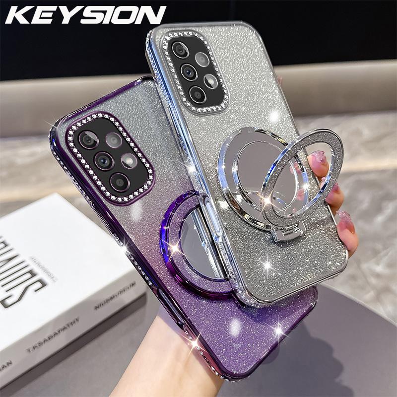 KEYSION Luxury Glitter Jewelled Magnetic Phone Case for Samsung Galaxy A53 5G A33 A23 A13 4G Makeup Mirror Stand Shockproof Cover