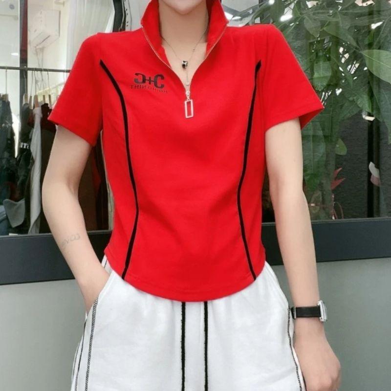 

European Station 2025 Spring & Fall Summer New Arrival K-style Trendy European Stand Collar Zipper Short Sleeve T-shirt Female K-style Western Style Red XL