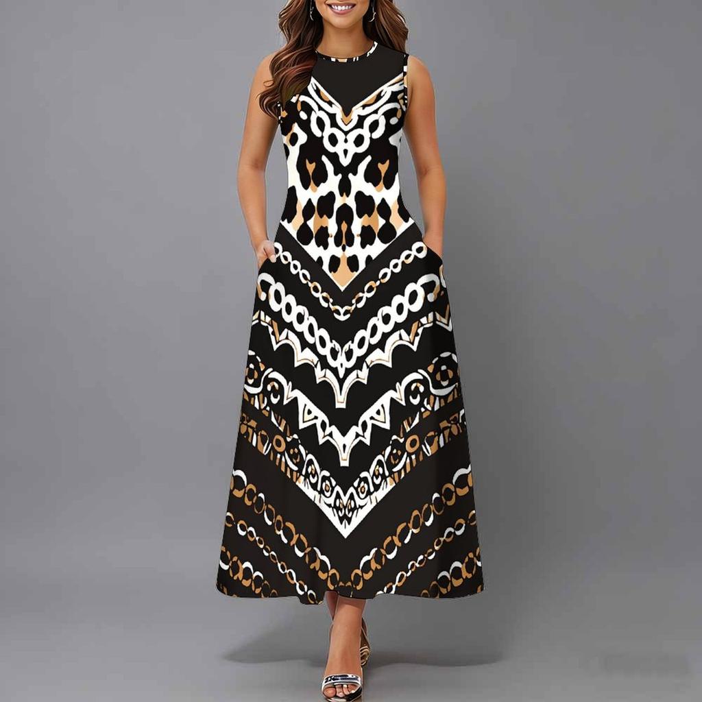Oversized Women Sleeveless Round Neck Dress Elegant Mixed Floral Print Flowy Mid Length Dress