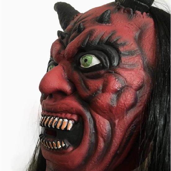 Halloween Devil Mask, Vampire Long-Haired Full-Head Mask, Adult Horror Mask, Red-Faced Horned Mask