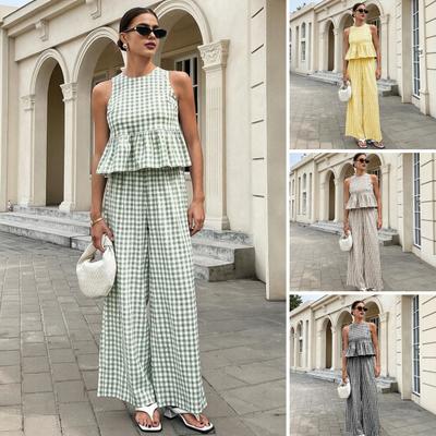 Damen Trägertop Hose Zweiteiliges Set Sommer Kariert Ärmellos Rüschen T-Shirt Weite Hosen Locker Lässig O-Ausschnitt Hemd Elastische Taille Hosen