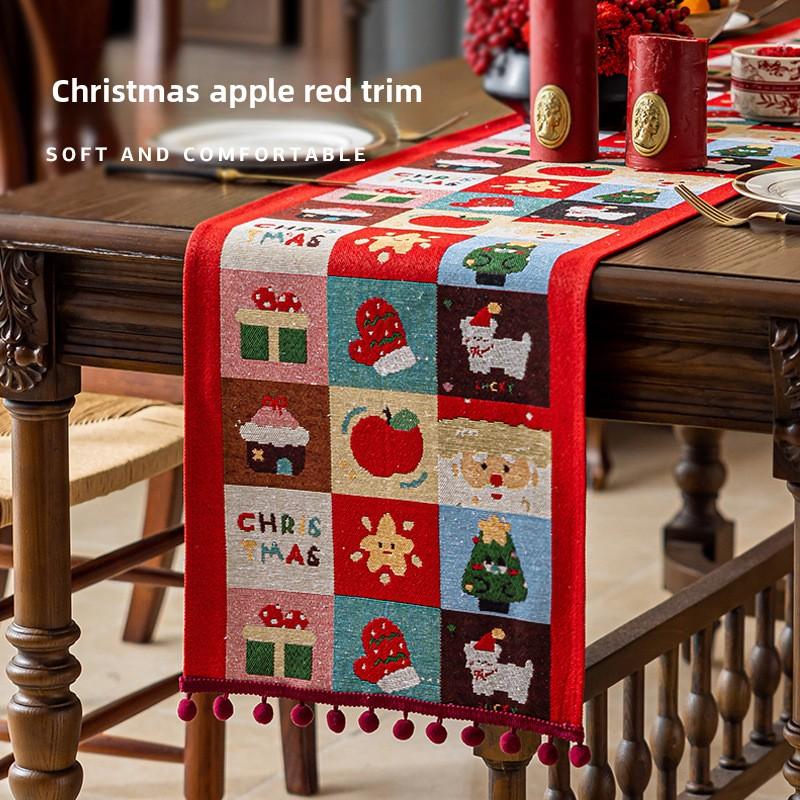 Christmas Red Table Runner Santa Claus Fringe Balls Western Dining Decor Long Cloth Sideboard Table Cover