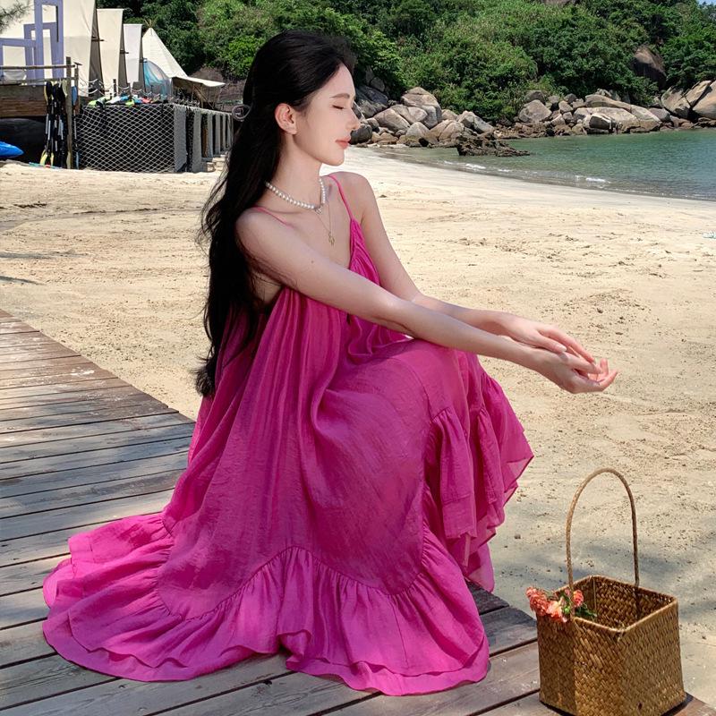 2025 Summer French-Inspired Socialite Puff A-line Spaghetti Strap Beach Dress