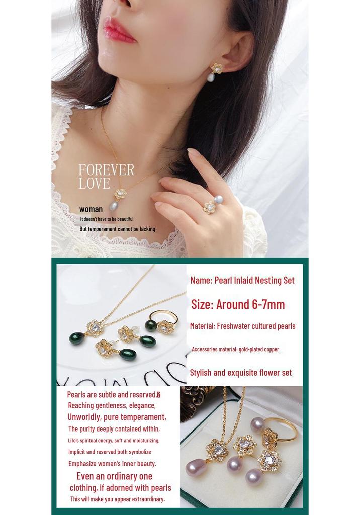 Freshwater Pearl Nesting Set: Exquisite Flower Pendant, Ring, Earrings, and Chain