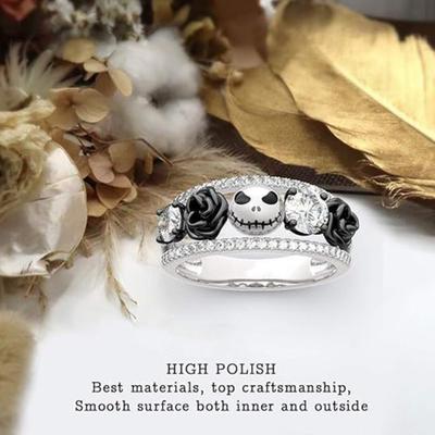 Women Gothic Skull Ring Black Rose Rhinestone Ring Retro Style Ring Halloween Jewelry Gift for Engagement Anniversary