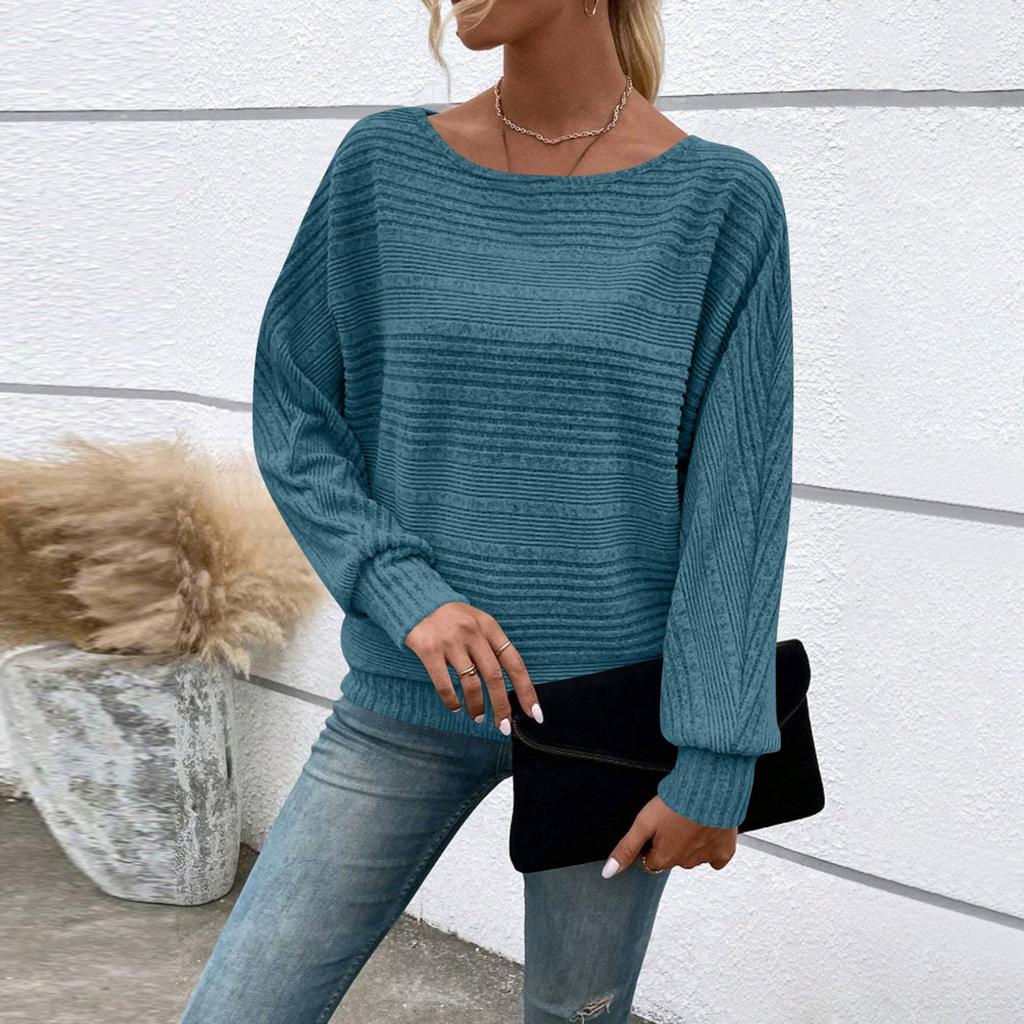 Women's Fashionable Solid Color Round Neck Long Sleeved Casual Pullover T-shirt Top