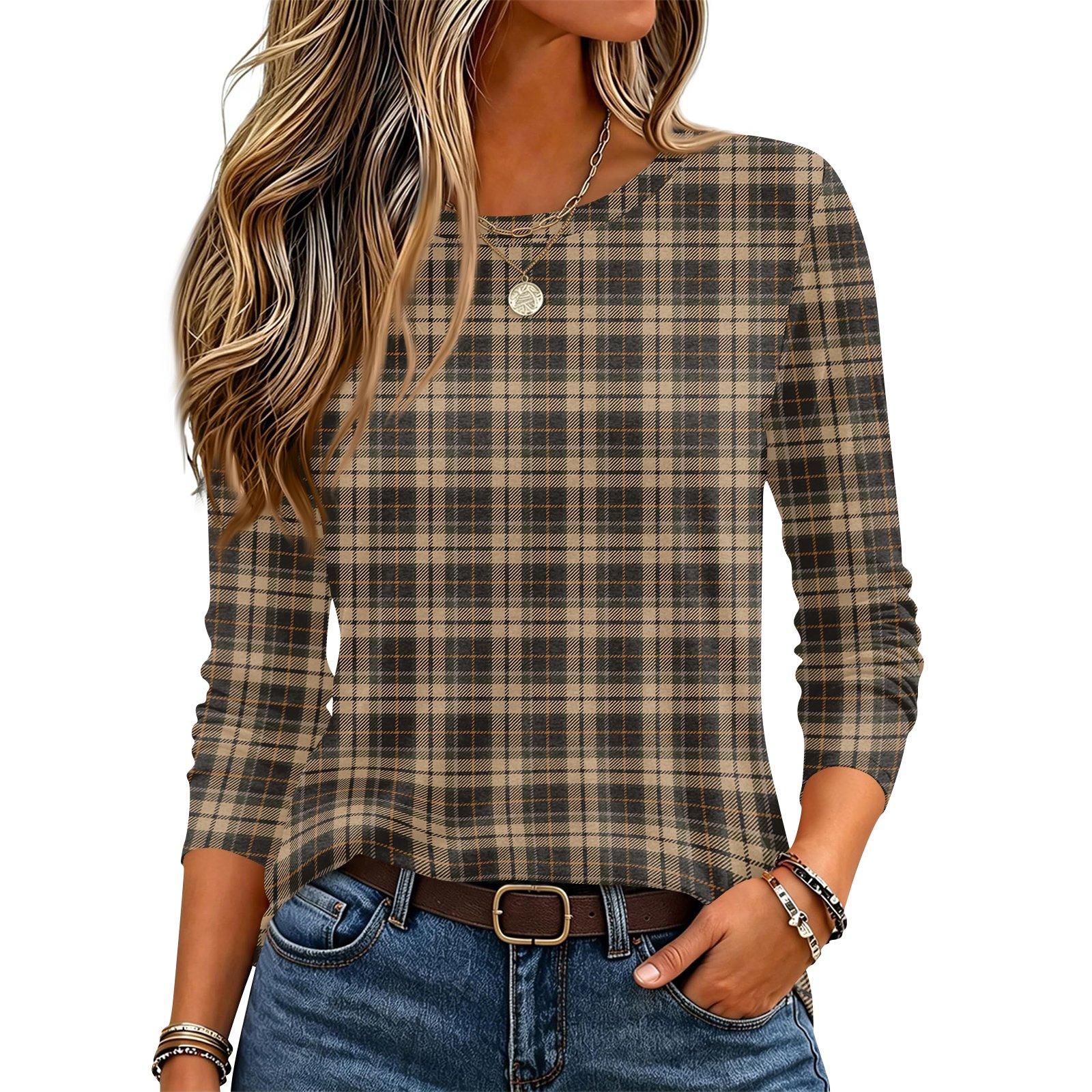 Women s Stripe Plaid Print Neck Long Sleeve Pullover Top XL