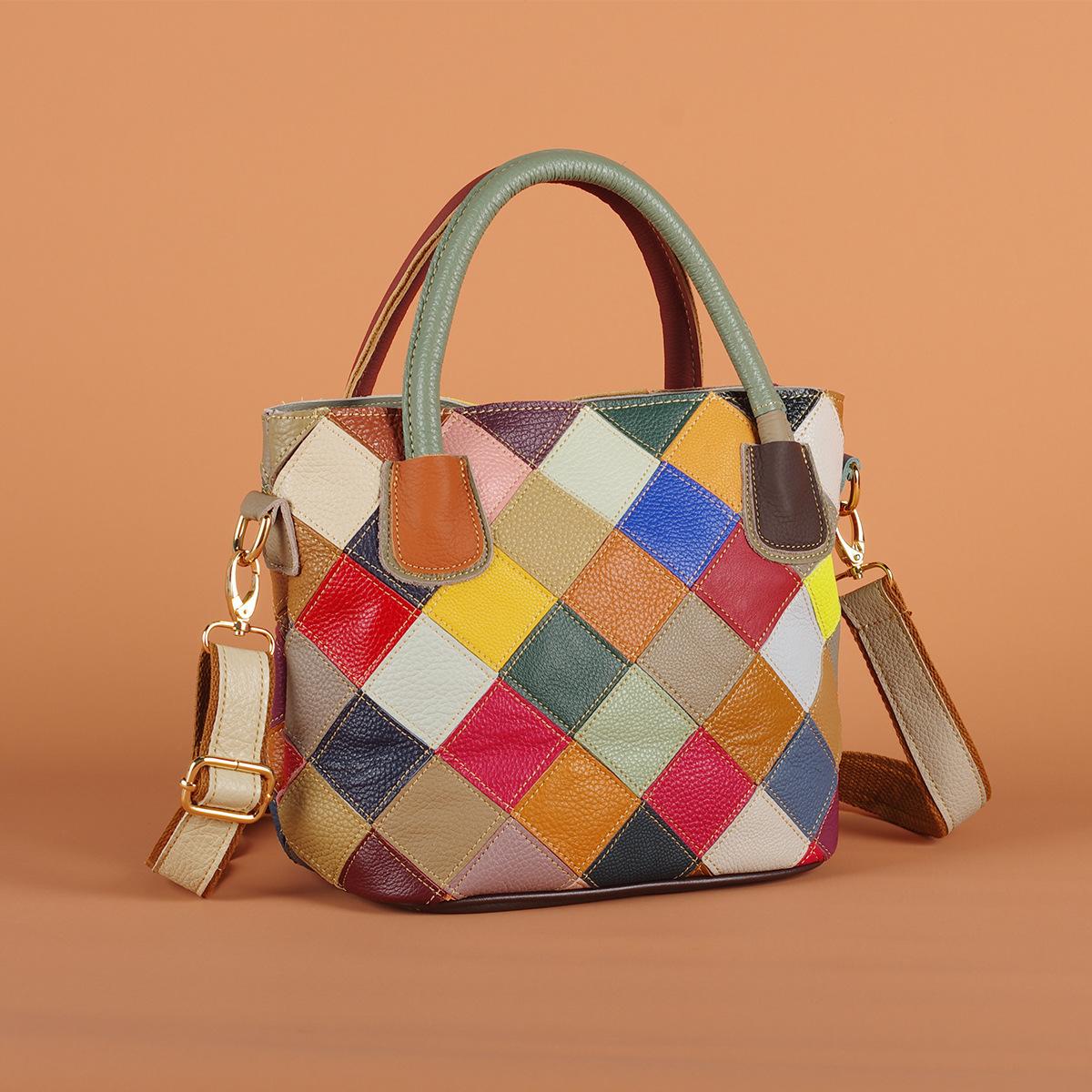 

Women S Bag Color Plaid Splicing Contrast Color Ethnic Casual Cowhide Bag One Shoulder Crossbody Handbag