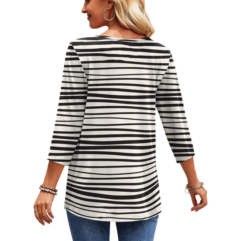 Women's Casual Striped V-Neck Three-Quarter Sleeve Blouse for Everyday Wear