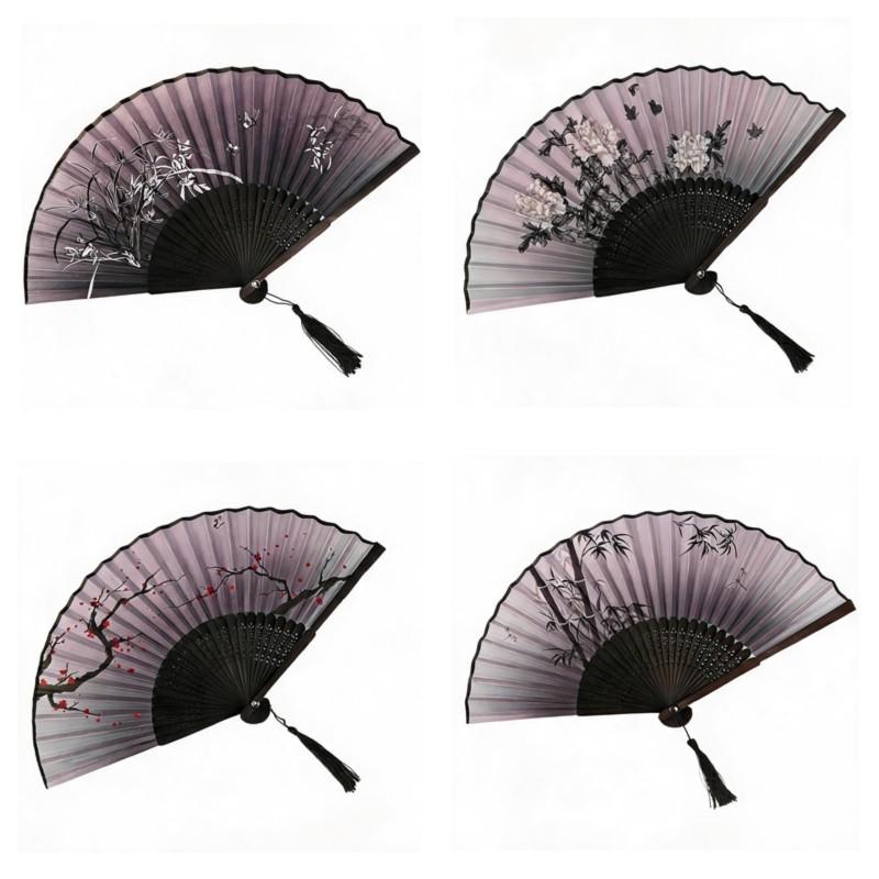 B97A-Tassel Decorative Fan, 4 Pcs Folding Fans, Chinese Style Hand Holding Fans, Retro Style Foldable For Dance Performa Perform