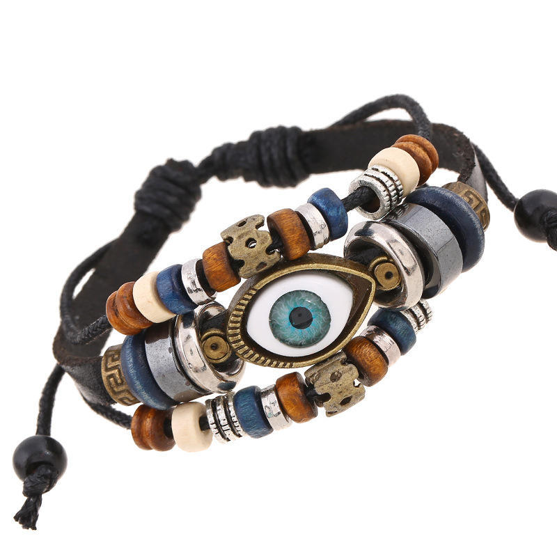 1pcs Couple Pull Adjustable Bracelet, Beaded Eye Leather Bracelet, Cowhide Handmade Jewelry