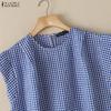 ZANZEA Women Casual Round Neck Sleeveless Plaid Print Blouse