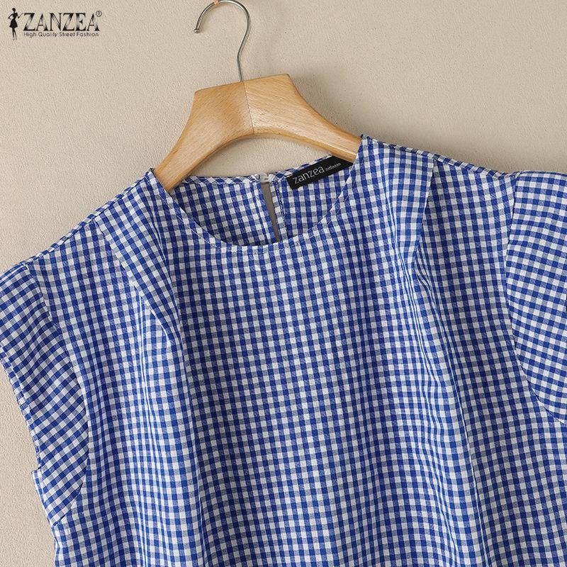 ZANZEA Women Casual Round Neck Sleeveless Plaid Print Blouse