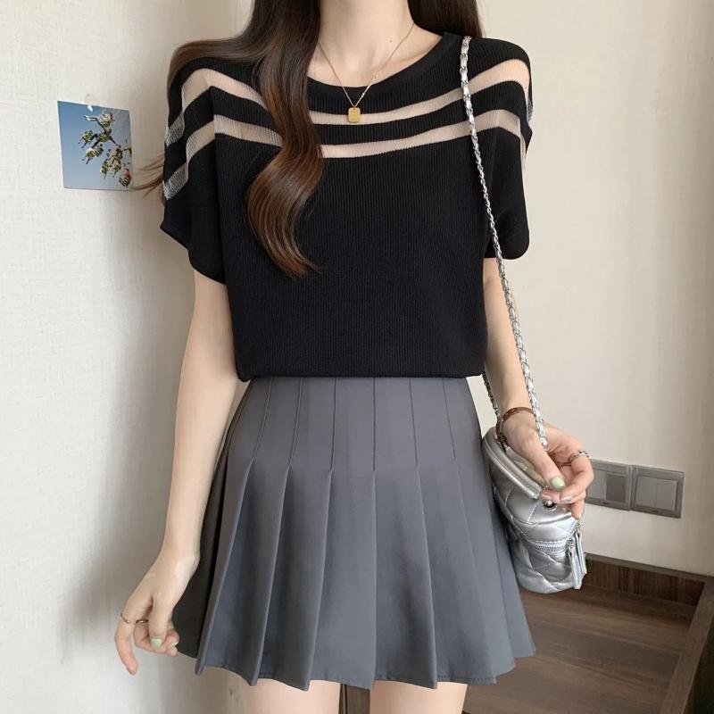 O-Neck Women's Summer New Spliced Screw Thread Batwing Sleeve Fashion Loose Ice Silk Knitted Short Sleeved Tops