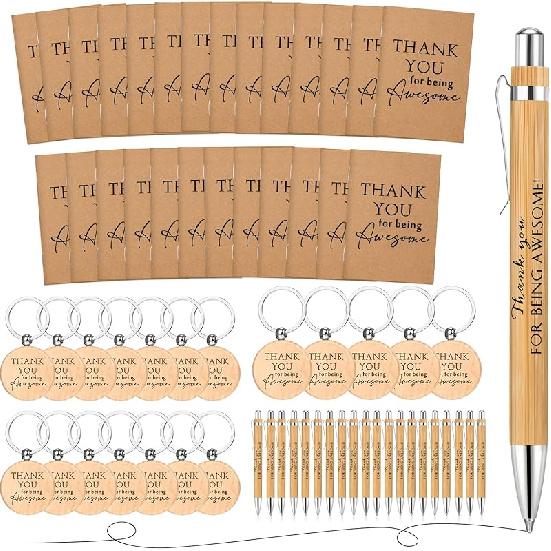 Tinlade 60 Pcs Thank You Gift Bulk Pocket Kraft Notebook Valentines Employee Appreciation Gift Retractable Bamboo Pen Inspirational Keychain for Team