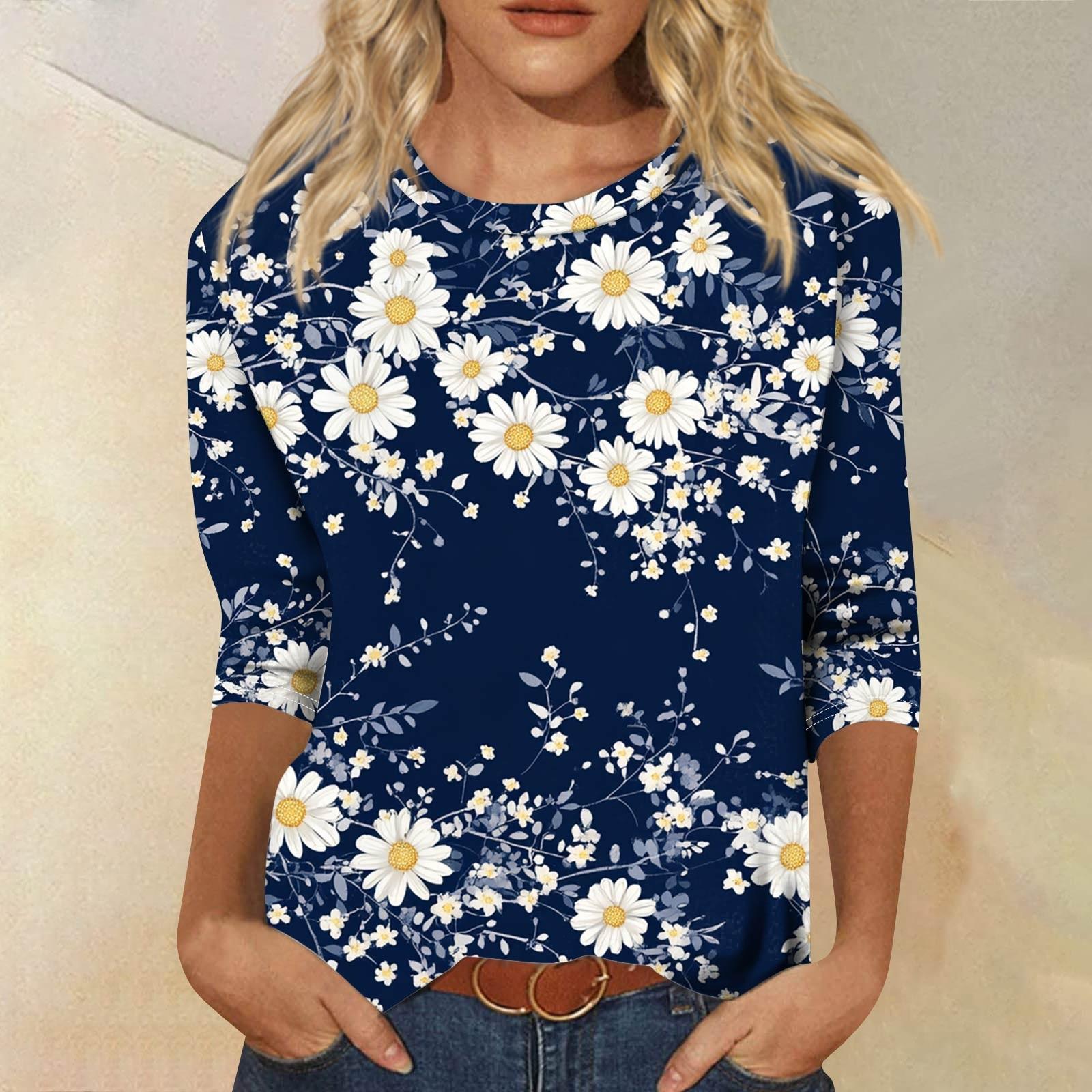 

Женская модная повседневная свободная футболка с круглым вырезом и рукавами 3/4 с принтом, женский топ M синий