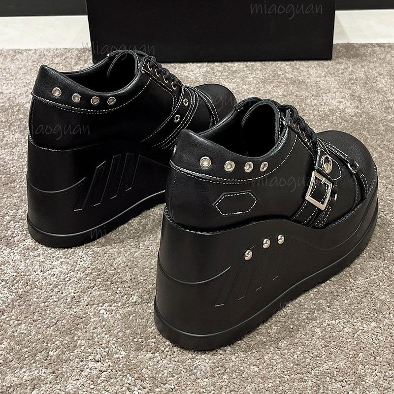 Zapatos de Plataforma Gruesa para Mujer Tacón de Cuña con Cordones Caña Alta Zapatillas Casuales Negras Versátiles Aumentadores de Altura Zapatos de Tacón de Moda Talla35