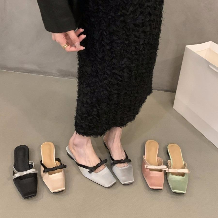 Flat Bottom Summer Green with Skirt Bag Head Half Slippers Fairy Shoes 2024 Summer Outer Wear Bow Small Sandals